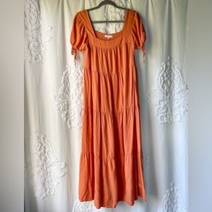 Coral Tiered Maxi Dress with Tie Sleeves